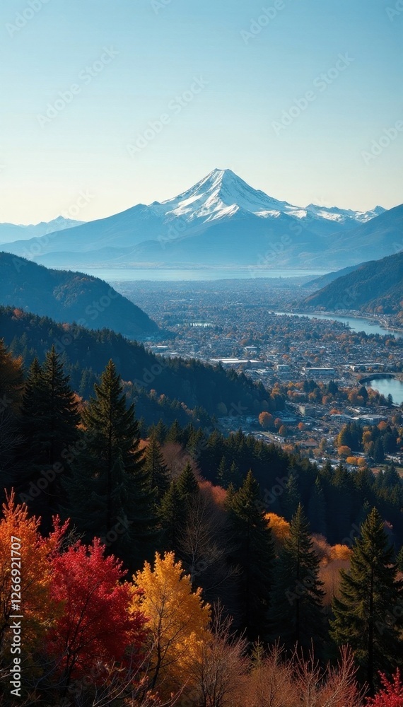 Aerial view Portland, Cascade Mountains panorama, pacific northwest, photography