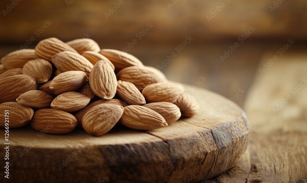 Obraz premium Almonds piled on wooden board showcasing natural texture and color