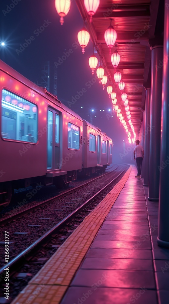 Fototapeta premium Brightly Lit Train Station at Night with Lantern Decorations