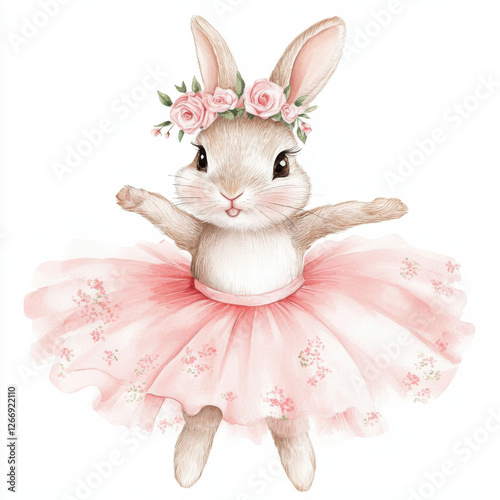 Create a hand drawn style watercolor illustration of a sweet, happy bunny in a girly pink ballerina tutu and a floral headband. The fabric of the tutu should have a a floral pink toile de jouy pattern