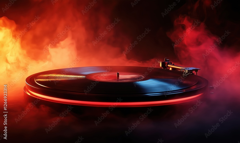 Obraz premium Vinyl record player illuminated by fiery smoke and dramatic lighting effects