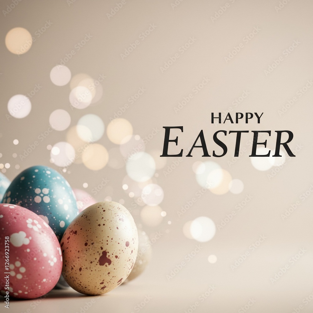Elegant Photograph of Colorful Speckled Easter Eggs with 'Happy Easter' Text Surrounded by Soft Bokeh Elegant Photograph of Colorful Speckled Easter Eggs with 'Happy Easter' Text Surrounded by Soft Bokeh