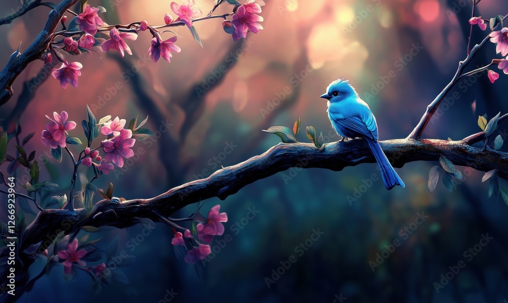 Obraz premium Blue bird perched on branch surrounded by blooming pink flowers in serene forest setting