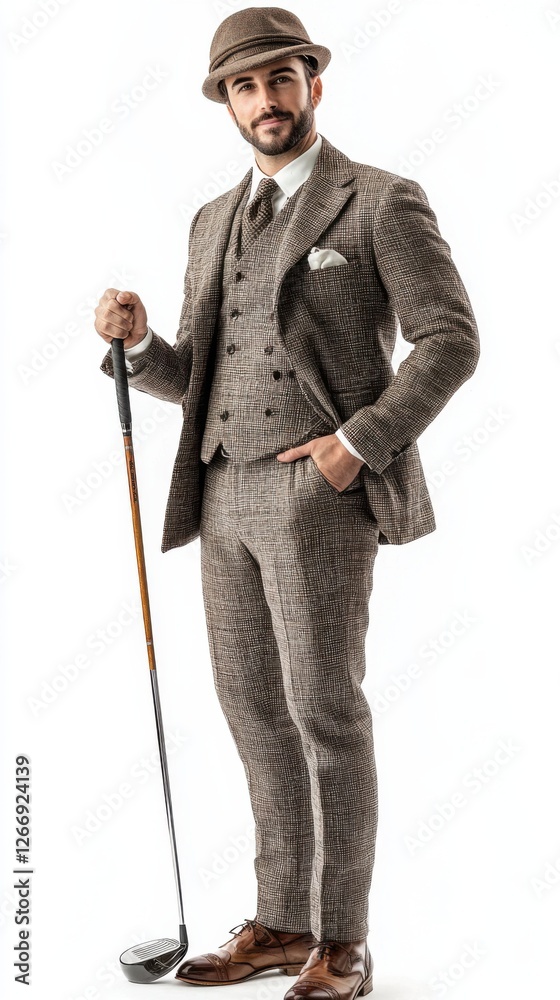 A fashionable man dressed in classic golf attire admires his golf club with elegance and poise on white background A fashionable man dressed in classic golf attire admires his golf club with elegance and poise on white background