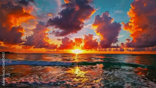 Oceanic Serenity, A Vivid Sunset Spectacle over Tranquil Waterscape View