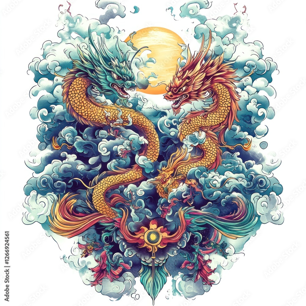 custom made wallpaper toronto digitalTwo dragons entwined, mythical creatures, decorative design, graphic art, t-shirt design