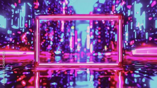 Futuristic Neon Cityscape with Glowing Portal Frame Animation Loop