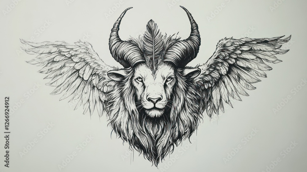 Obraz premium Winged Lion-Ram Creature Artwork, Fantasy Portrait, Art Piece, Tattoo Design