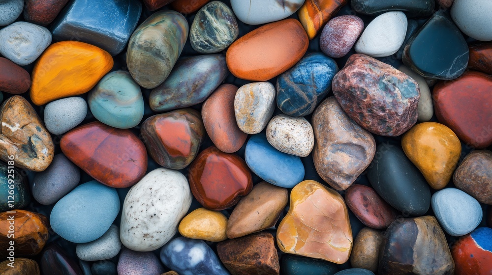 Polished multicolored pebbles creating natural mosaic, displaying vibrant texture and color variation against smooth stone surface Polished multicolored pebbles creating natural mosaic, displaying vibrant texture and color variation against smooth stone surface