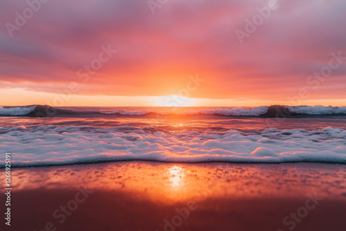 Scenic ocean sunset with golden sunlight reflecting on waves and wet sandy beach