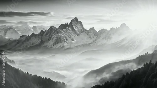 Monochrome Majesty, Snow-Capped Mountains Piercing Through Dreamy Mist