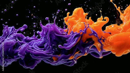 Purple and Orange Ink Collision on Black Backdrop, Abstract Art