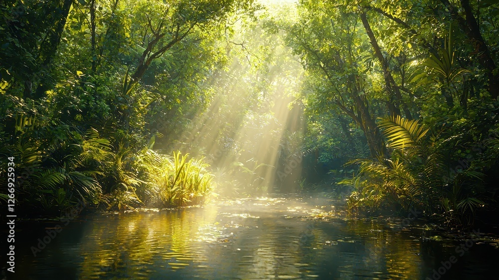 Obraz premium Serene Sunlight Filtering Through Lush Green Rainforest Trees