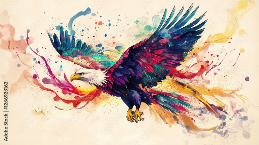 Obraz premium Colorful eagle in flight, digital art background, ideal for wall art or inspirational designs