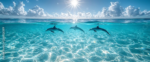 Dolphins swim turquoise ocean, sunny sky