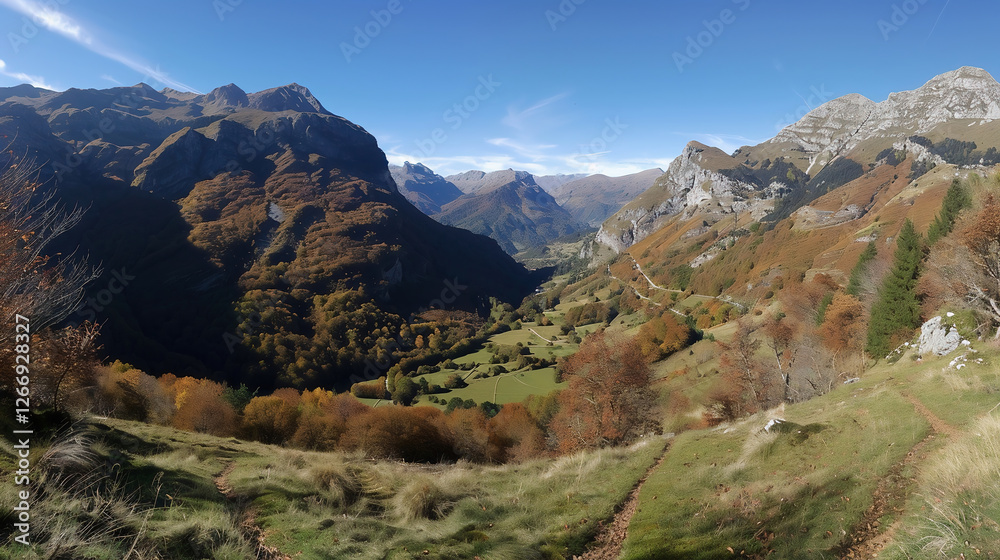 Fototapeta premium Gorgeous panorama of the landscape in autumn. Gorgeous panorama of the landscape showing a meadow and a path leading into the forest