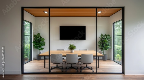 A contemporary conference room featuring glass walls, a large wooden table, and potted plants, creating a natural and inviting atmosphere
