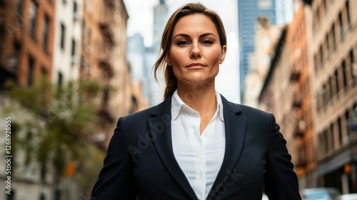 Confident Businesswoman in Professional Suit and White Shirt Stands on Bustling City Street with Modern Urban Background