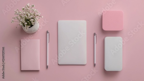 Charming Pink Desk Arrangement Featuring A Beautiful Flower A Stylish Notebook And A Classic Pen Creating A Cozy Workspace