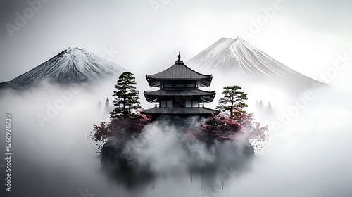Serene Japanese Temple Surrounded by Misty Mountains and Cherry Blossoms in Tranquil Landscape