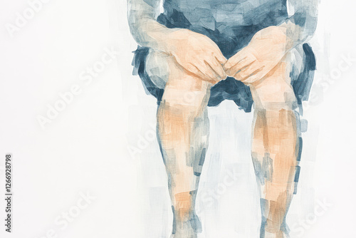 Watercolor painting of seated person with focus on hands and legs, impressionistic art