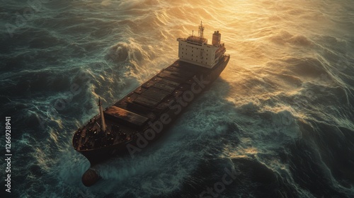 Cargo Ship Braving a Stormy Sea at Sunset photo