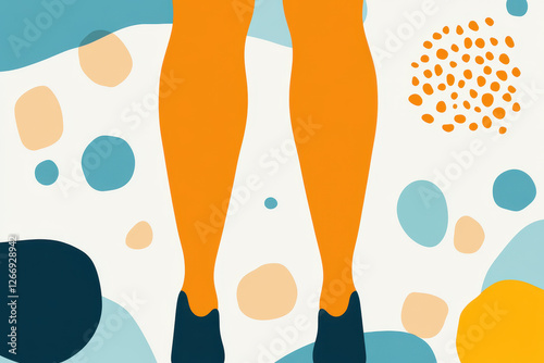 Abstract modern illustration of orange legs with blue shoes on a patterned background