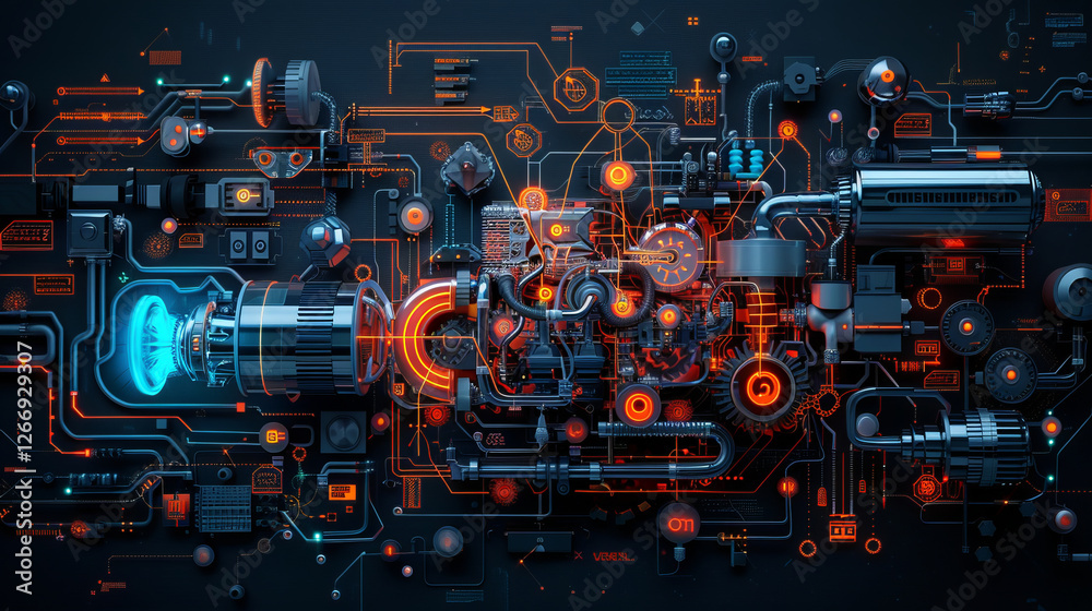 Cybernetic Engine: A mesmerizing 3D rendering of a futuristic cybernetic engine, showcasing intricate mechanical components and glowing energy pathways. Cybernetic Engine: A mesmerizing 3D rendering of a futuristic cybernetic engine, showcasing intricate mechanical components and glowing energy pathways.