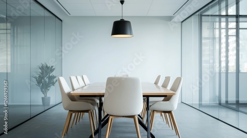 Modern conference room with a clean white color scheme, glass walls, a wooden table, and stylish upholstered chairs, creating a professional and elegant workspace