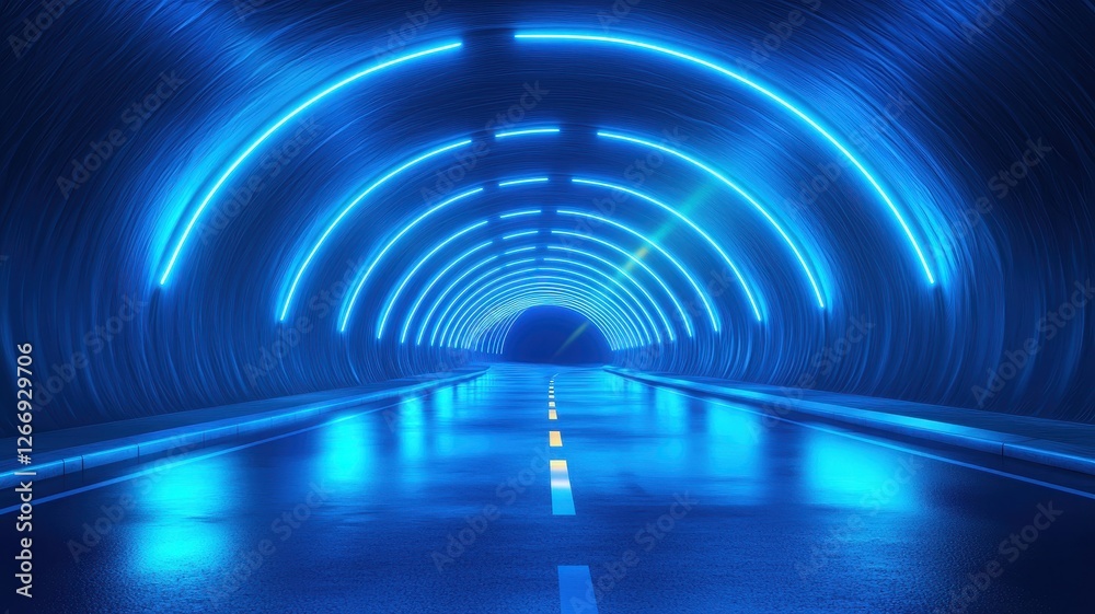 Neon Blue Tunnel with Reflective Surface and Futuristic Vibe Neon Blue Tunnel with Reflective Surface and Futuristic Vibe