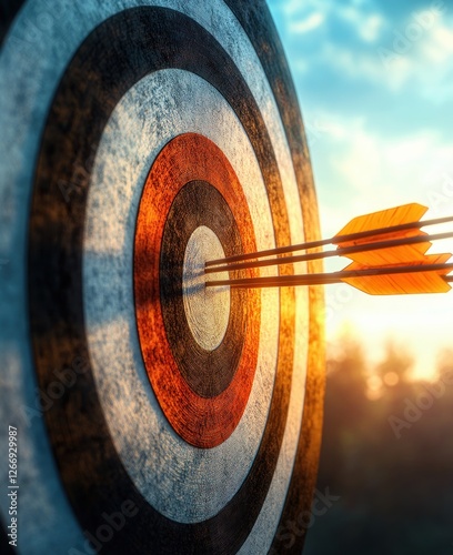Vibrant Target with Arrows Hitting Center at Sunset