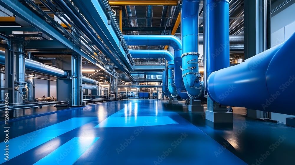 Naklejka premium A large industrial building with blue pipes and a blue floor.