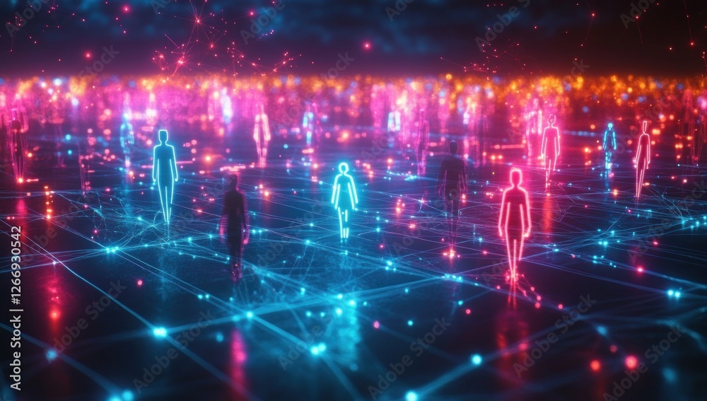 Digital Connected Figures in Cyberpunk Landscape Representing Social Interactions and Diversity Digital Connected Figures in Cyberpunk Landscape Representing Social Interactions and Diversity