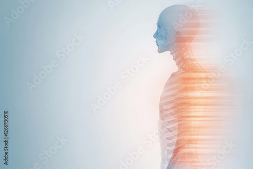 Futuristic medical illustration of a human skeleton with a glowing spine in motion