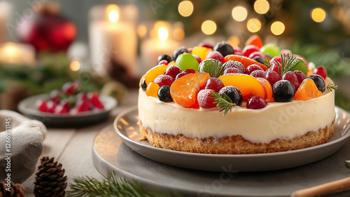 Delicious fruit cake with vibrant toppings and festive decor