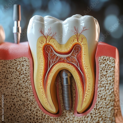 Detailed Cross Section of Human Tooth with Pulp and Roots in Hyper-Realistic 3D Illustration