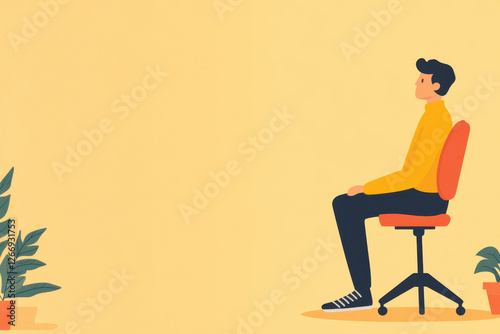 Flat vector illustration of a man sitting on an office chair with a contemplative expression in a minimalist setting