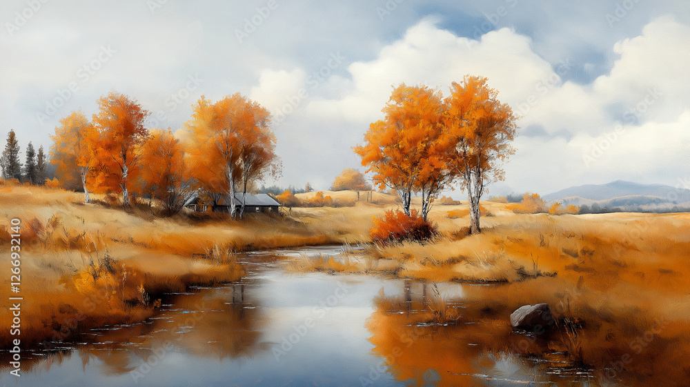 serene autumn landscape with vibrant orange trees and calm stream serene autumn landscape with vibrant orange trees and calm stream