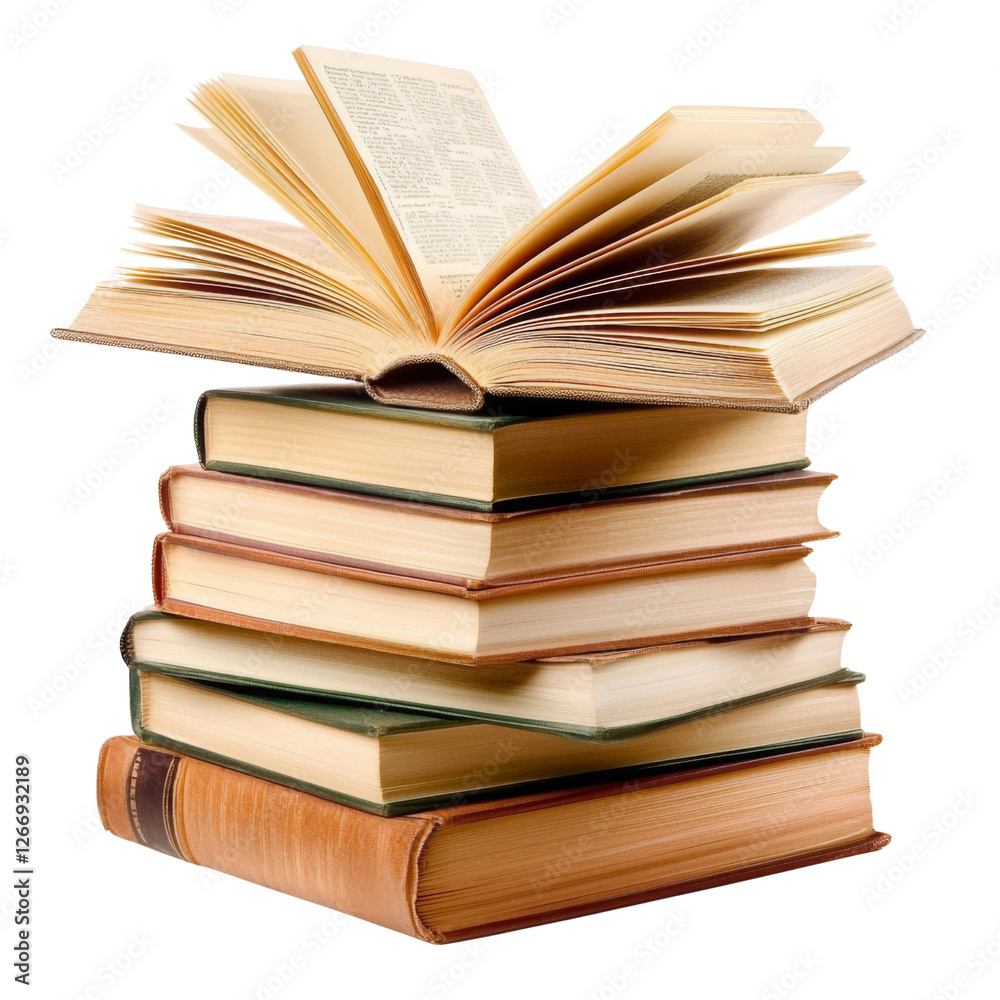 Stack of books with open book on top, symbolizing knowledge and learning. arrangement showcases various book colors and sizes, creating inviting atmosphere for readers Stack of books with open book on top, symbolizing knowledge and learning. arrangement showcases various book colors and sizes, creating inviting atmosphere for readers