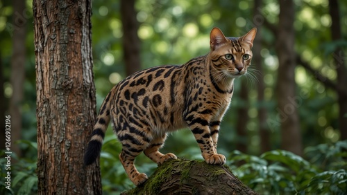 Bengal Cat with alert demeanor perched on tree branch against lush forest