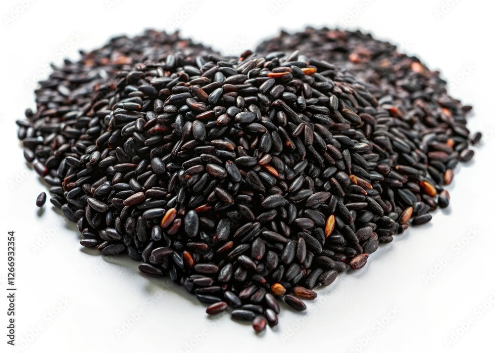 A surreal black sticky rice heart, organically formed, a dark abstract still life, captivating.