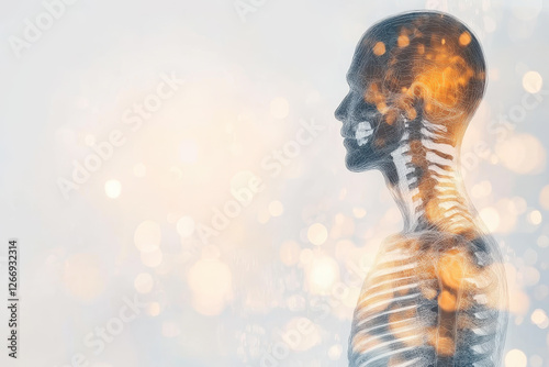 Futuristic 3D medical illustration of human skeleton with glowing brain activity and neural connections