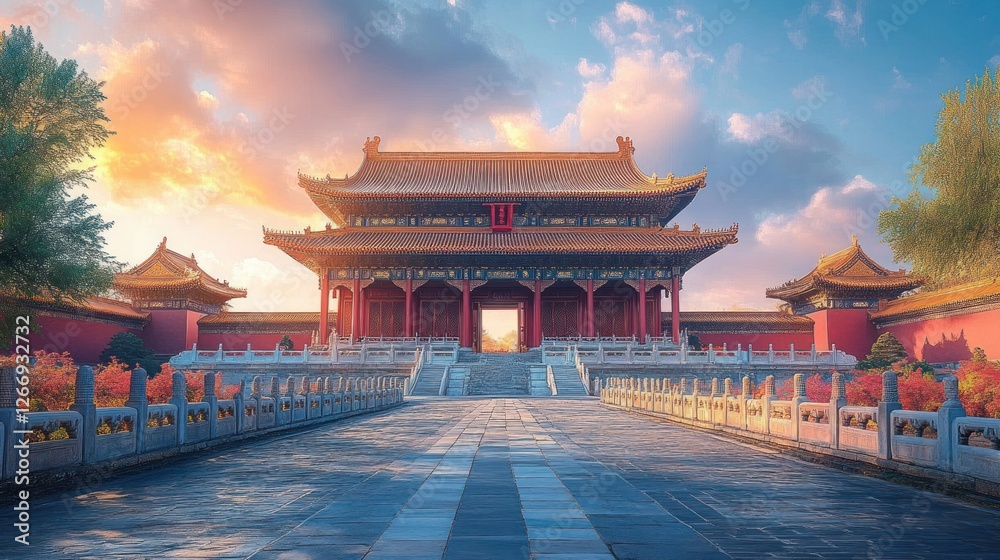 Majestic Chinese Palace Facade with Traditional Architecture in Morning Light Majestic Chinese Palace Facade with Traditional Architecture in Morning Light