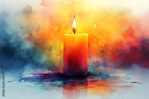 A warm, vibrant candle in a watercolor setting, perfect for spiritual or inspirational themes.