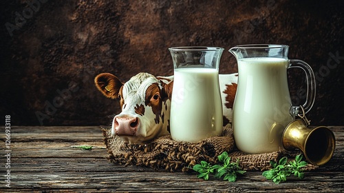 A serene farm scene featuring a cow beside two glass pitchers of fresh milk on a rustic table photo