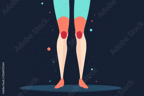 Flat vector illustration of legs with highlighted red knee joints indicating pain or inflammation
