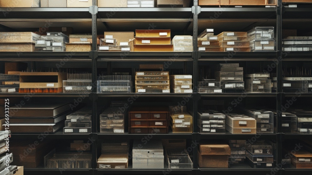 Organized storage shelves filled with various boxes and containers. Organized storage shelves filled with various boxes and containers.