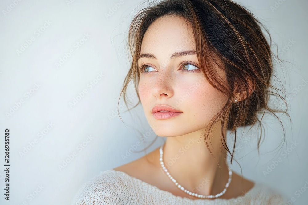 Close-Up Portrait of a Woman in Minimalistic Style Natural Light Serenity Pearl Necklace Pastel Colors Side Profile Close-Up Portrait of a Woman in Minimalistic Style Natural Light Serenity Pearl Necklace Pastel Colors Side Profile