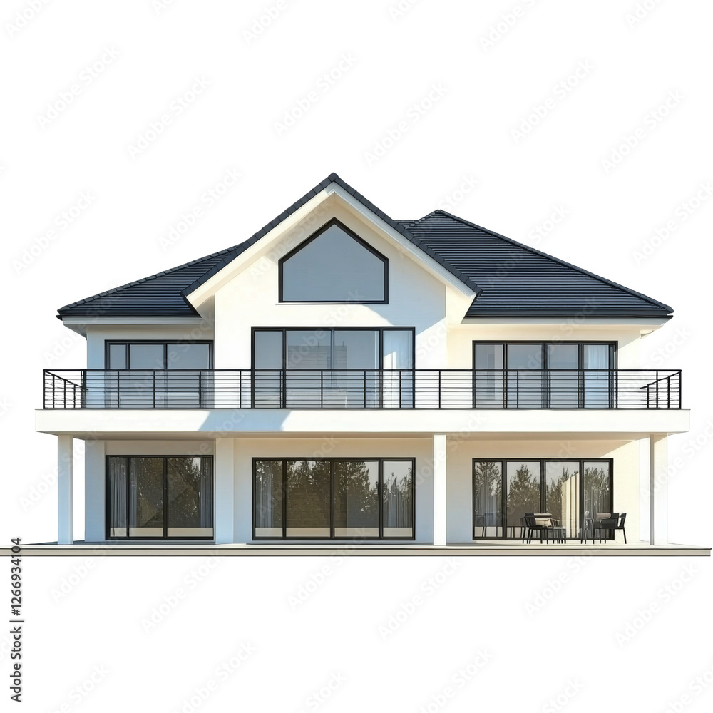 Modern two story house with large windows and balcony, featuring sleek design and outdoor seating area. Ideal for family living or vacation home Modern two story house with large windows and balcony, featuring sleek design and outdoor seating area. Ideal for family living or vacation home