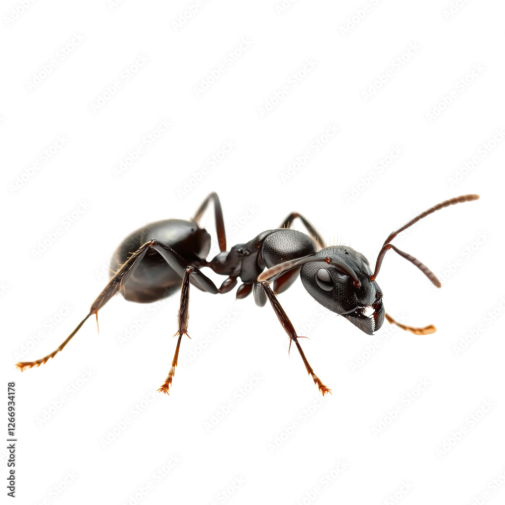 realistic black ant with detailed features, showcasing its segmented body and antennae. This insect is often found in various environments, symbolizing teamwork and industriousness realistic black ant with detailed features, showcasing its segmented body and antennae. This insect is often found in various environments, symbolizing teamwork and industriousness